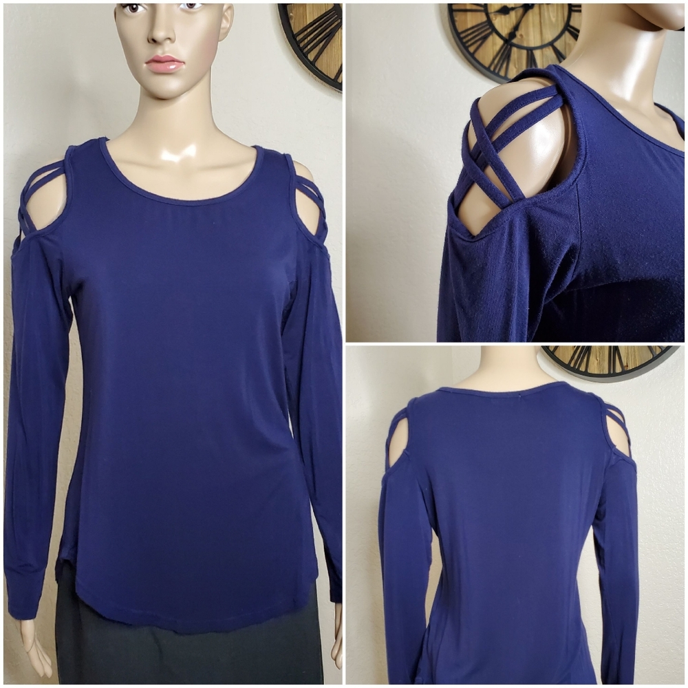 Women's Long Sleeve Strappy Cold Shoulder T Shirt
